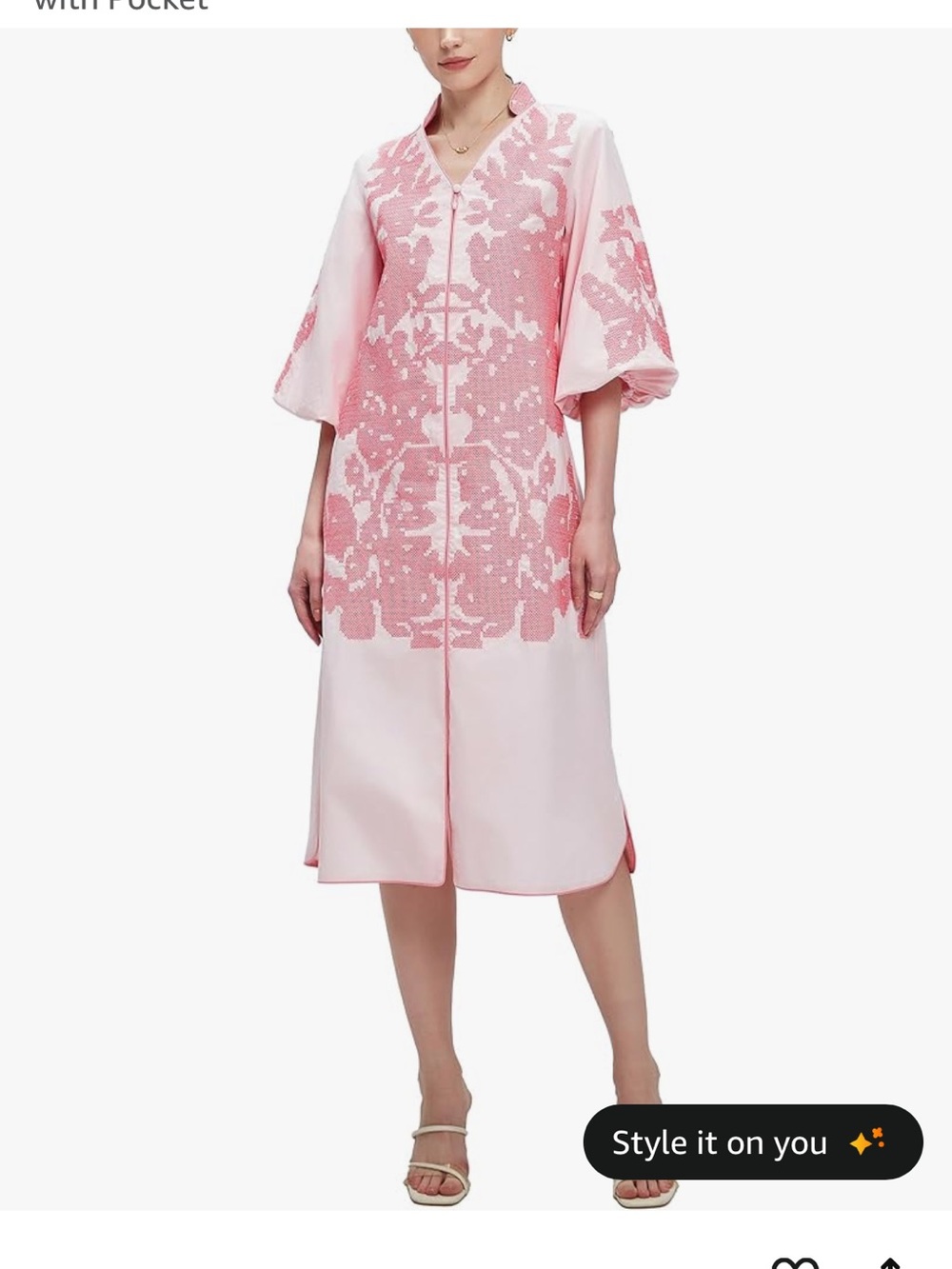 Pink Embroidered V-Neck Midi Dress